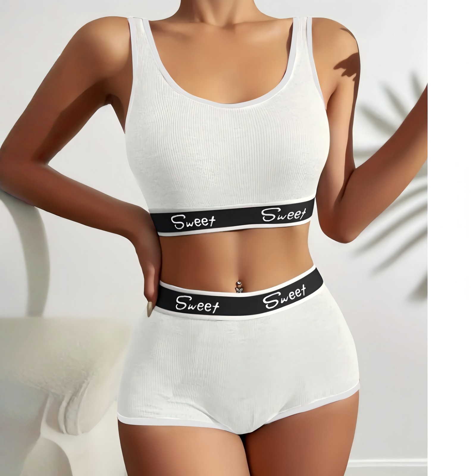 "Letter Print Bra Panties Ribbed Wireless Bra Elastic Panties "